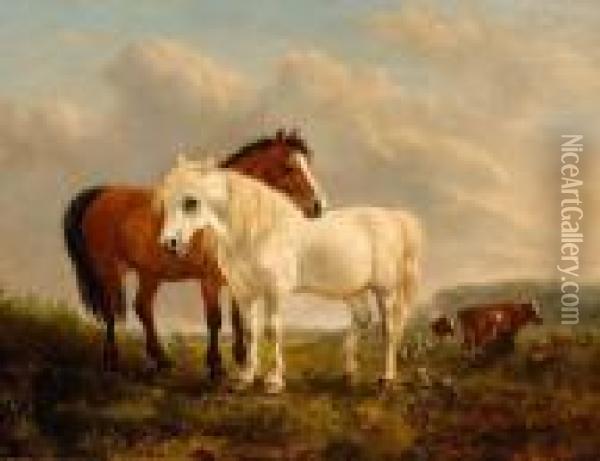 Two Ponies Oil Painting - Henriette Ronner-Knip