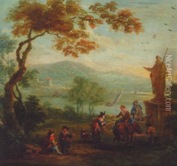 A River Landscape With Travellers Conversing By A Fountain Oil Painting - Mathys Schoevaerdts