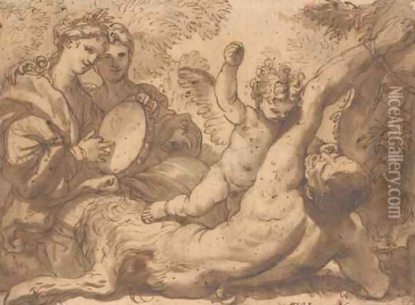 A putto striking a satyr bound to a tree, two women playing a tambourine on the left Oil Painting - Domenico Piola