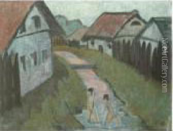 Dorfbach Mit Badenden (village Creek With Bathers) Oil Painting - Otto Mueller
