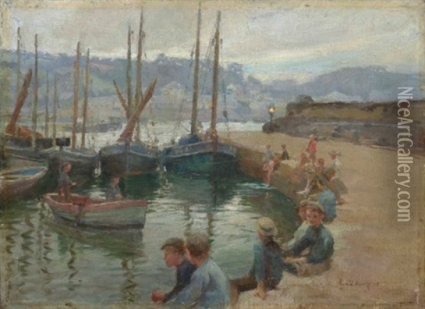Boys On The Harbour Wall, Penzance Oil Painting - Harold Harvey