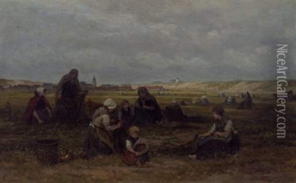 Netmenders In The Dunes Of Scheveningen, Seinpostduin In The Distance Oil Painting - Philip Lodewijk Jacob Frederik Sadee