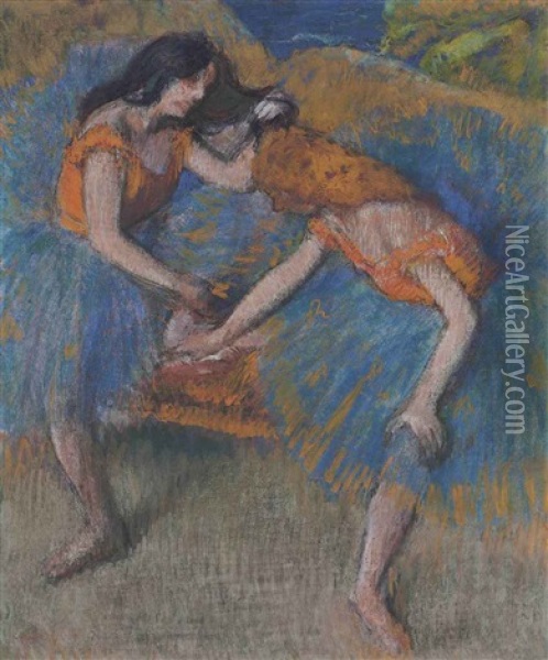 Deux Danseuses Aux Corsages Jaunes Oil Painting - Edgar Degas
