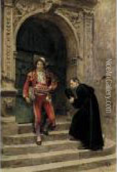 Figaro And A Priest Oil Painting - Jehan Georges Vibert