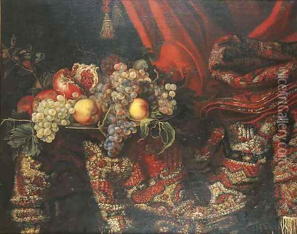 Grapes, peaches and pomegranates on a pewter platter by an oriental carpet Oil Painting - Jacques Hupin