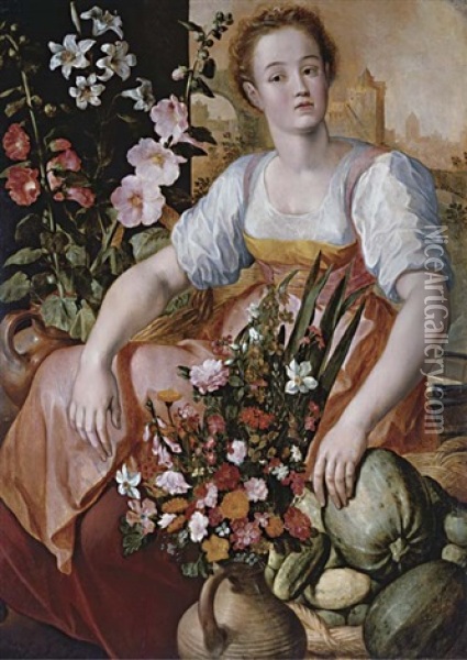 A Market Woman With Flowers And Vegetables Oil Painting - Joachim Beuckelaer
