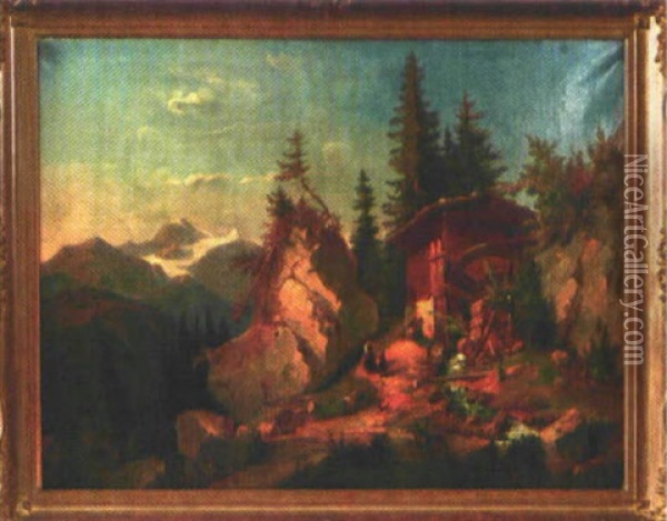 Wassermuhle Im Hochgebirge Mit Enten Am Bach Oil Painting - Felix Pollinger