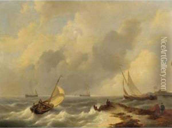 Shipping Off The Coast Oil Painting - Johannes Hermanus Koekkoek