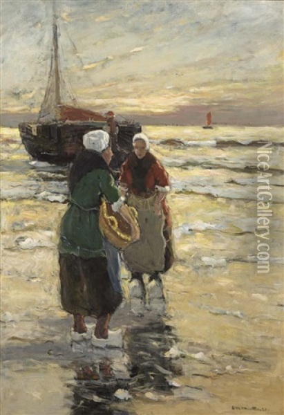 Fisher Women On The Beach Oil Painting - Gerhard Arij Ludwig Morgenstjerne Munthe