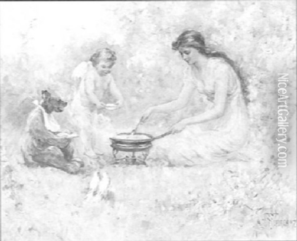Woman Outdoors Preparing Meal For Cupid, Bear And Doves Oil Painting - Frederick Stuart Church