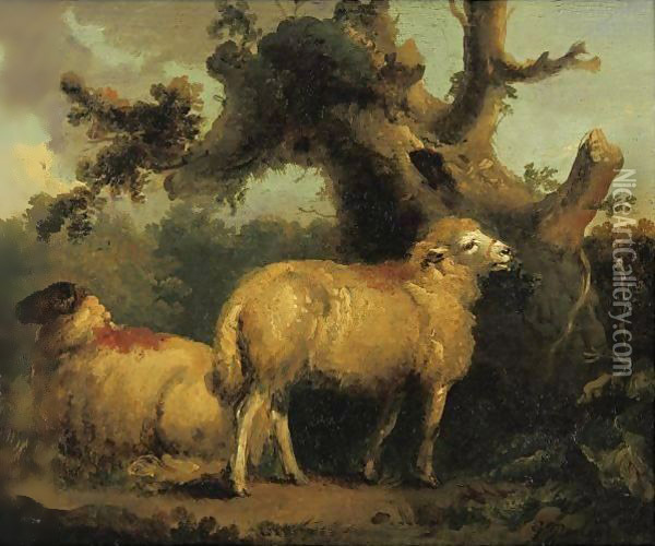 Two Sheep In A Landscape Oil Painting - George Morland