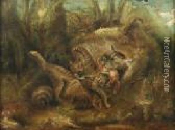 Wildkatzen Mit Erlegtem Eichhornchen Oil Painting - Carl Friedrich Deiker