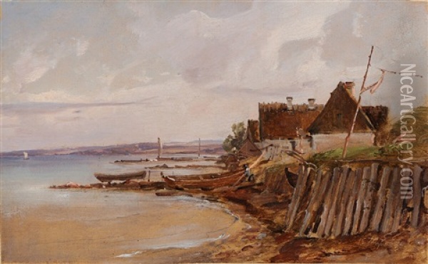 Coastal Scenery With Farmhouses Along The Shoreline Oil Painting - Vilhelm Peter Carl Petersen