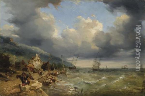 Scene Dans Un Port Oil Painting - Eugene Isabey