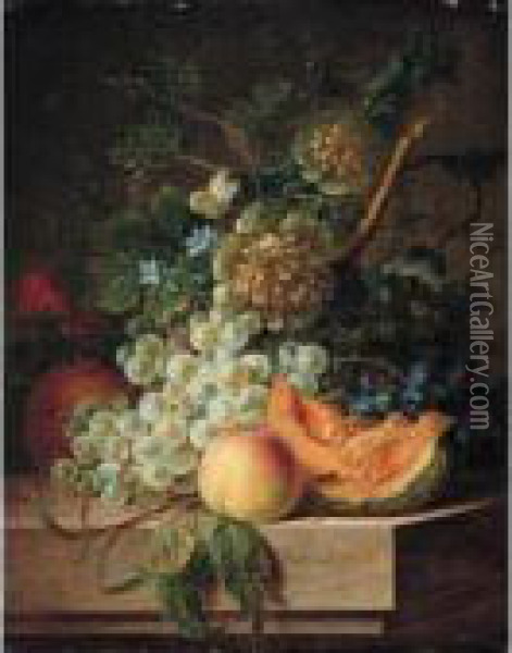 Still Life Of Grapes, Peaches, 
Melon, Flowers And Vines Arranged Upon A Table Top, Together With A 
Cabbage White Butterfly And A Fly Oil Painting - Willem van Leen