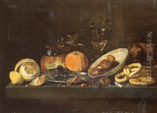 Still Life Of Peeled Lemon, Oranges, Nuts In A Blue And White Porcelain Bowl, Biscuits, A Bread Roll, And Two Wine Glasses Oil Painting - Jan Davidsz De Heem