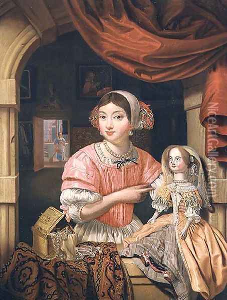 Girl holding a doll in an interior with a maid sweeping behind Oil Painting - Edwart Collier