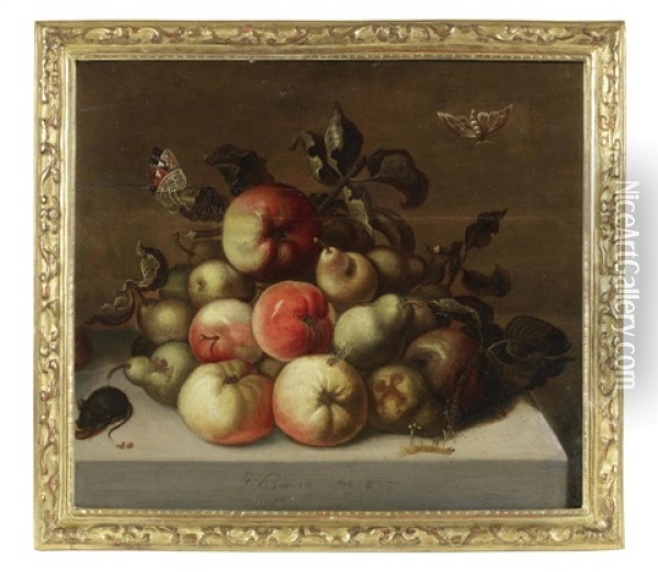 Quince And Pears Together With A Mouse And Butterflies On A Stone Ledge Oil Painting - Johannes Bouman
