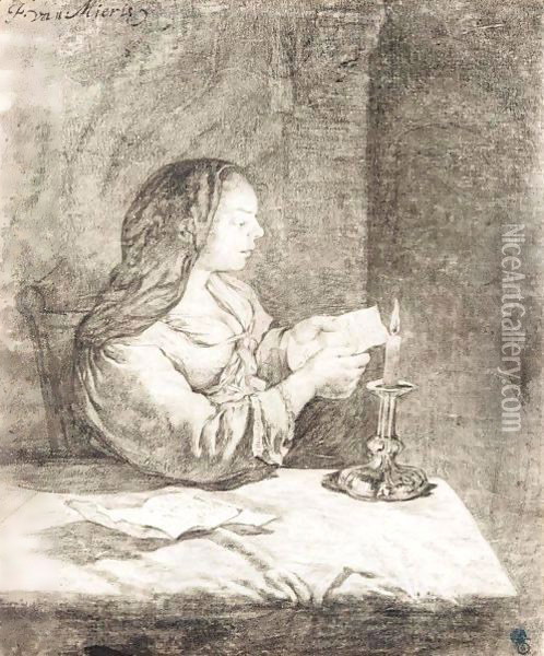 A Young Woman Seated At A Table, Reading A Letter By Candlelight Oil Painting - Frans van Mieris