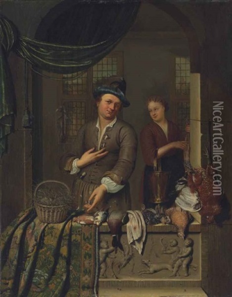 A Poultry Seller And His Wife At A Casement, With Eggs In A Wicker Basket, A Mallard Duck And Other Birds On A Partially Draped Stone Ledge Sculpted With Playing Putti Oil Painting - Willem van Mieris