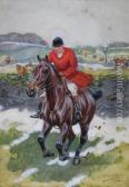 In The Wake Of His Darlings, All Ear And Alleye. (the Galloping Squire) Oil Painting - G.D. Giles