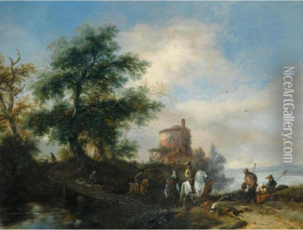 River Landscape With A Gentleman
 And Lady Riding To The Chase With A Pilgrim 
Asking For Alms In The Foreground Other Members 
Of The Hunting Party Crossing A Wooden Bridge A 
Tower Be Oil Painting - Pieter Wouwermans or Wouwerman
