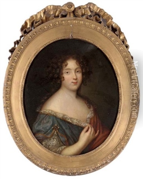 Portrait Of A Lady In A Blue Dress With Lace Trim And A Brown Wrap Oil Painting - Pierre Mignard the Elder
