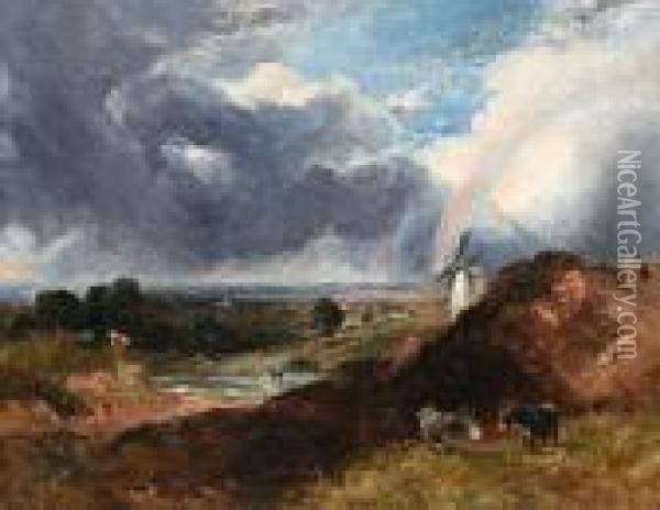 Donkeys And A Windmill In A Landscape Oil Painting - John Constable