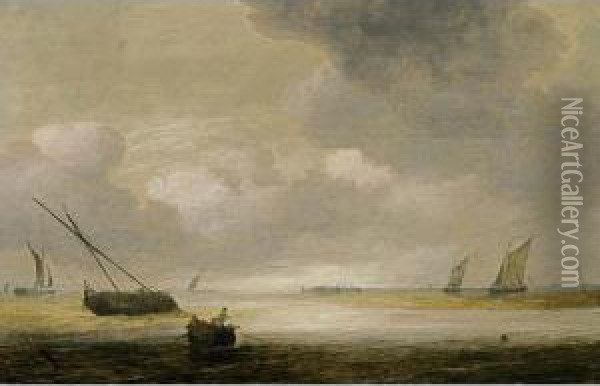 Shipping In A Calm With A Fishing Boat In The Foreground, And A Fortified Harbour In The Background Oil Painting - Hendrik van Anthonissen