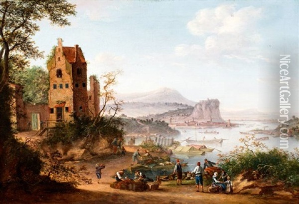 Italianiserend Landschap Met Vissersboten En Figuren Bij Een Rotskust Oil Painting - Louis Chalon