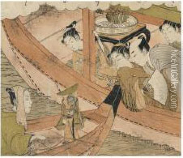 Shunga : Couple A Bord D'un Bateau De Plaisance Oil Painting - Isoda Koryusai
