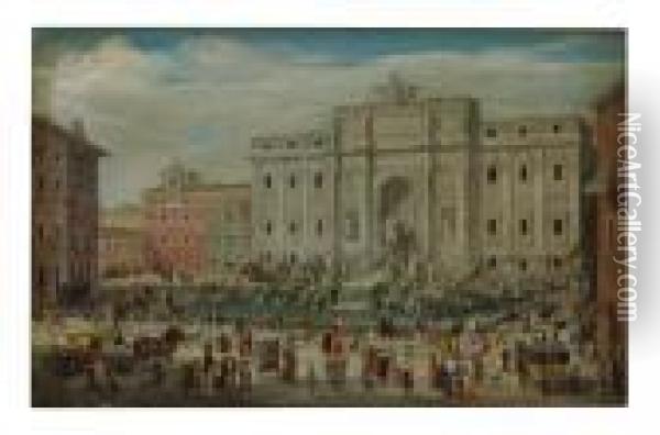 View Of The Trevi Fountain, Rome Oil Painting - (circle of) Wittel, Gaspar van (Vanvitelli)