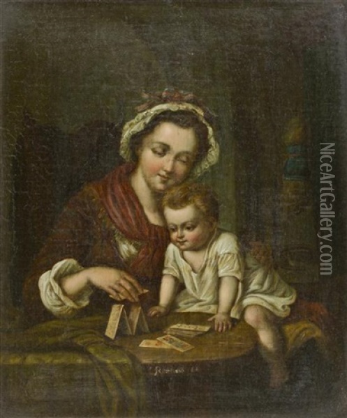 Mother And Child Stacking Cards Oil Painting - Carl Reichert