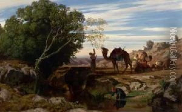 La Halte De La Caravane Dans L'oasis Oil Painting - Prosper Georges Ant. Marilhat