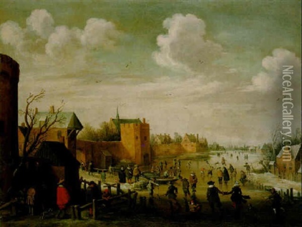 A Winter Landscape With Kolf Players, Skaters And Other Figures By A Walled Town Oil Painting - Joost Cornelisz. Droochsloot