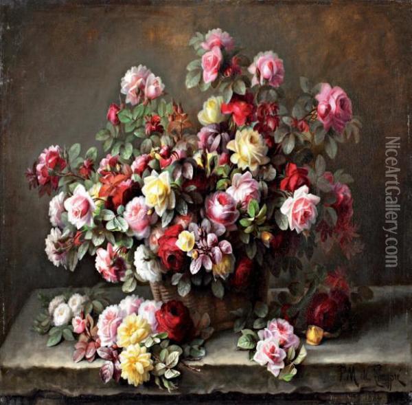 Panier De Roses Sur Un Entablement Oil Painting - Paul De Longpre
