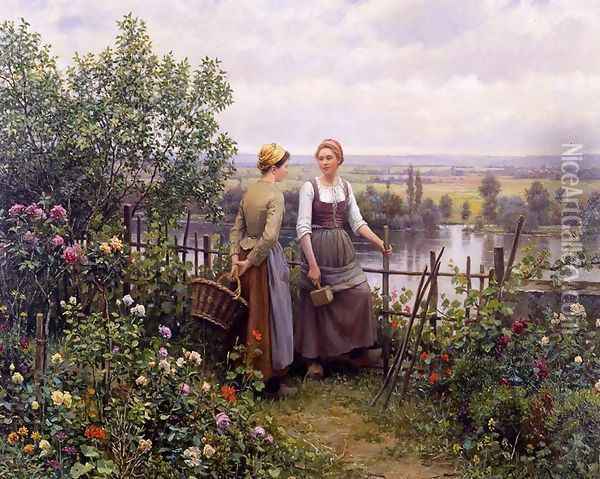 Maria And Madeleine On The Terrace Oil Painting - Daniel Ridgway Knight