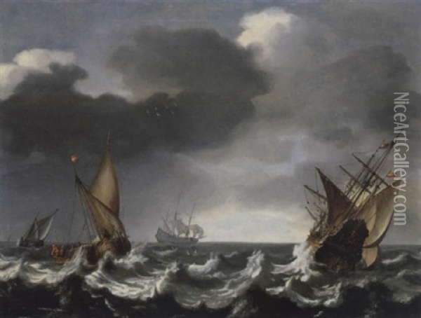 Bewegte See Mit Zwei Dreimastern Oil Painting - Cornelis Leonardsz Stooter