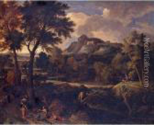 Arcadian Landscape With Classical Figures On A Path Oil Painting - Gaspard Dughet Poussin