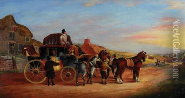 Changing Horses At The Inn Oil Painting - John Charles Maggs