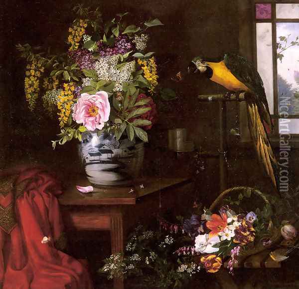 A Still Life With A Vase, Basket And Parrot Oil Painting - Olaf August Hermansen