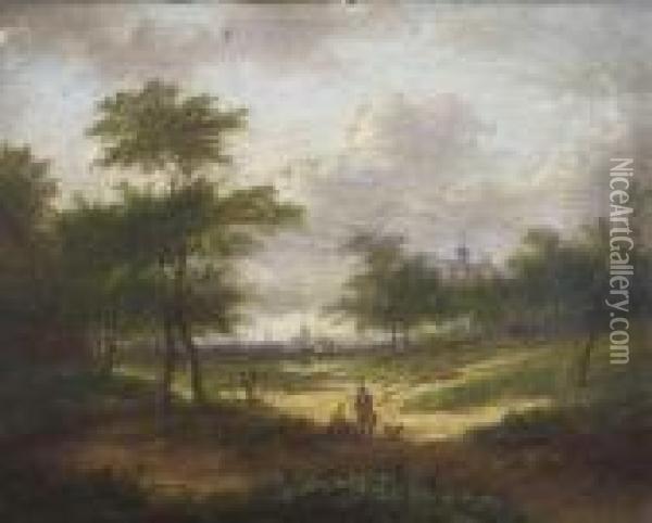 Baumbestandene Landschaft Mit Figurenstaffage Und Stadtsilhouette Im Dunst Oil Painting - Jan Evert Morel