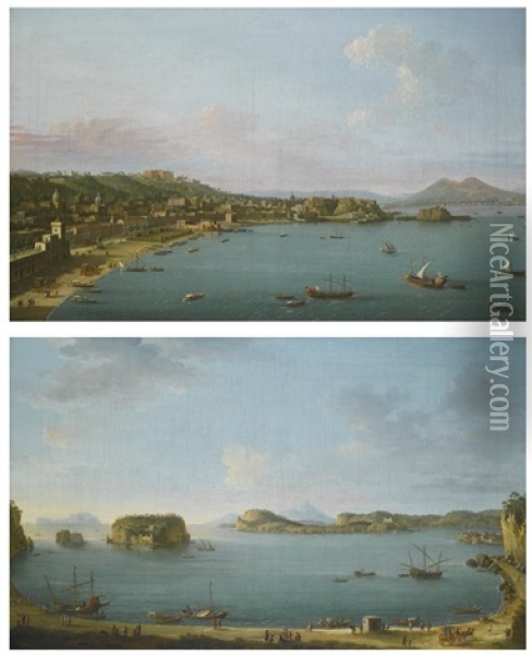 Naples From The West; And The Gulf Of Pozzuoli (pair) Oil Painting - Antonio Joli