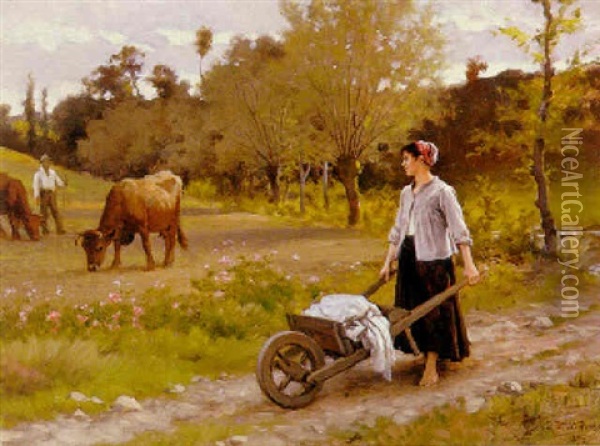 Young Woman With A Wheelbarrow Oil Painting - Edouard Bernard Debat-Ponsan