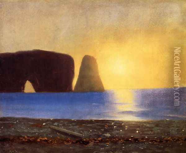 The Sun Sets, Perce Rock, Gaspe, Quebec Oil Painting - William Bradford