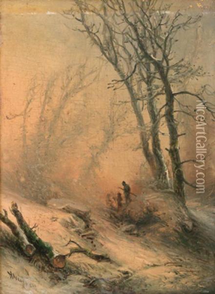 A Snow-covered Forest Landscape With Travellers Approaching Oil Painting - Pieter Lodewijk Francisco Kluyver