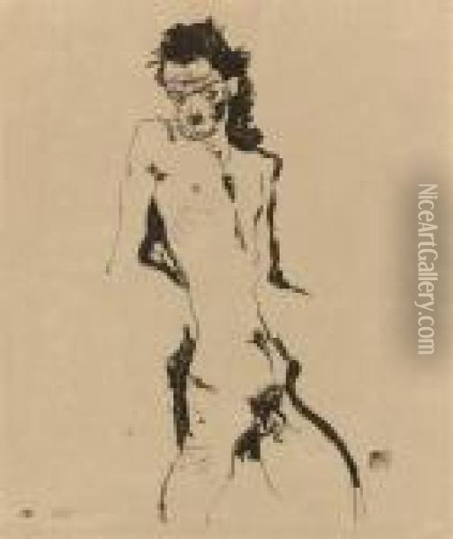 Male Nude (self Portrait) I, From Sema Portfolio (kallir 1) Oil Painting - Egon Schiele