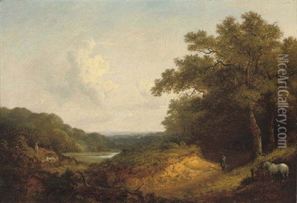 Figure With A Pony By A Track In An Extensive Wooded Landscape, Near Guildford Oil Painting - John Dearman