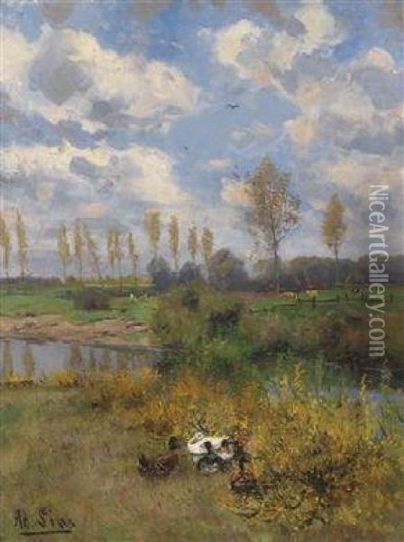 Ducks On The Stream Oil Painting - Adolf Lins