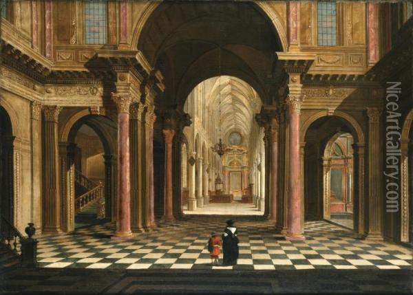 Two Figures In A Classical Church Interior Oil Painting - Wilhelm Schubert Von Ehrenberg